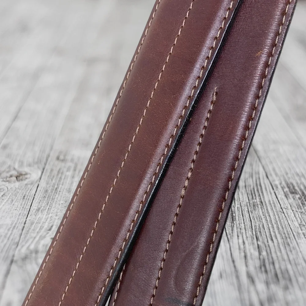 Vintage Classic Brown Harness Leather Seamed Belt Men's Sz 38 Solid Brass Buckle